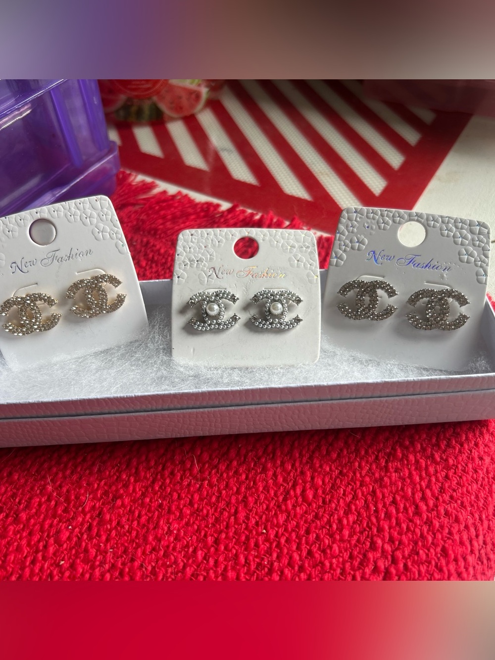 Rhinestone Interlocking Style Stud Earrings - 3pair bundle, NEW